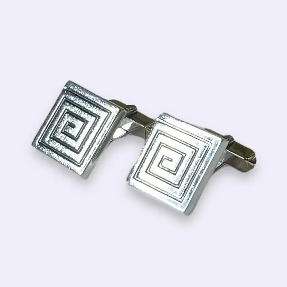 Vintage Swank Cufflinks Mens Silver Tone Greek Key Spiral Vector Symbol Signed